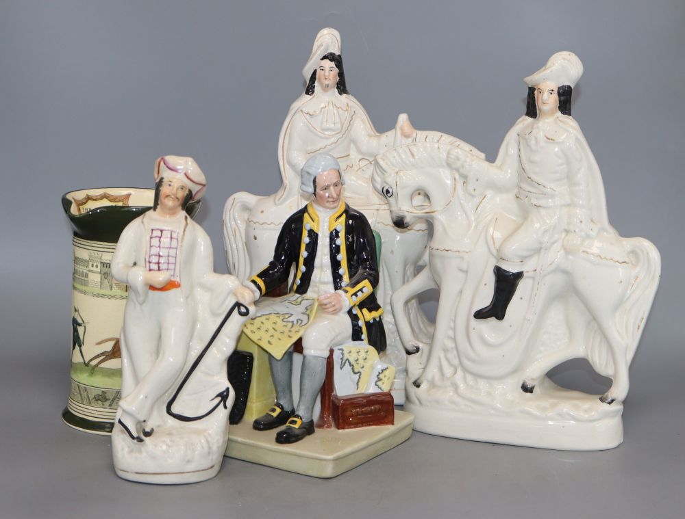 Three Staffordshire figures, a Doulton jug and a Doulton figure Captain Cook